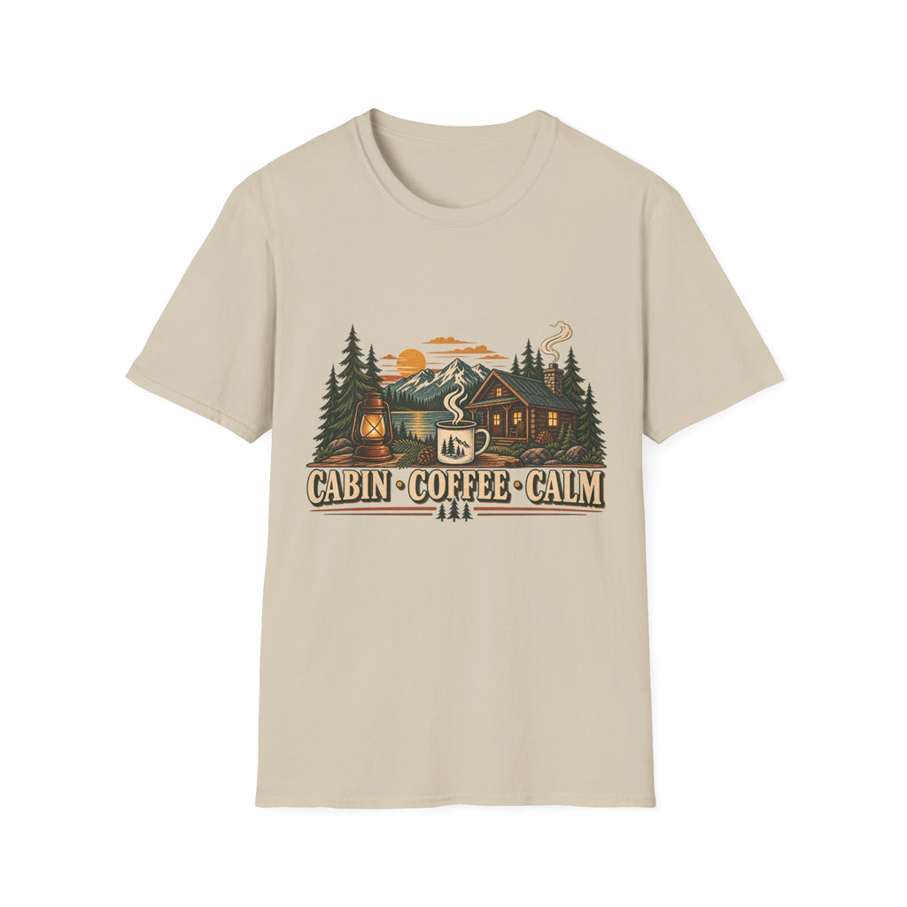 Cabin • Coffee • Calm T-Shirt — Rustic Cabin Coffee Graphic Tee