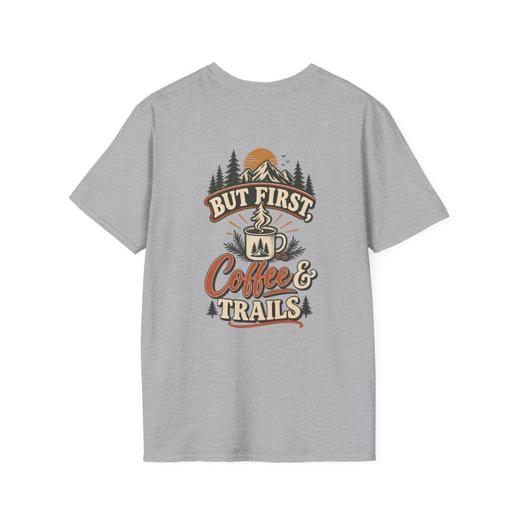 But First Coffee & Trails T-Shirt — Outdoor Coffee Lover Graphic Tee
