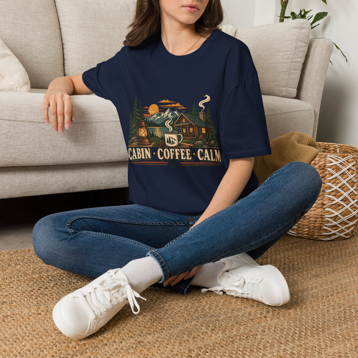 Cabin • Coffee • Calm T-Shirt — Rustic Cabin Coffee Graphic Tee