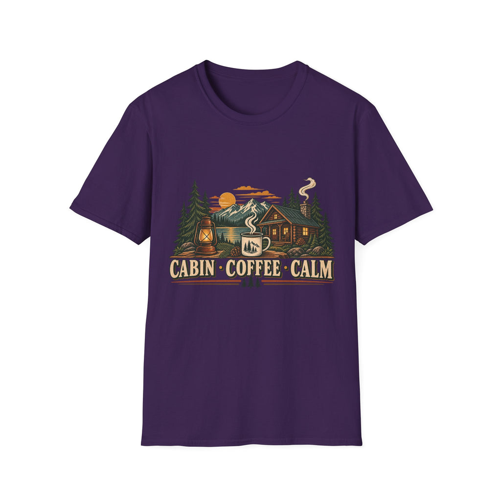 Cabin • Coffee • Calm T-Shirt — Rustic Cabin Coffee Graphic Tee