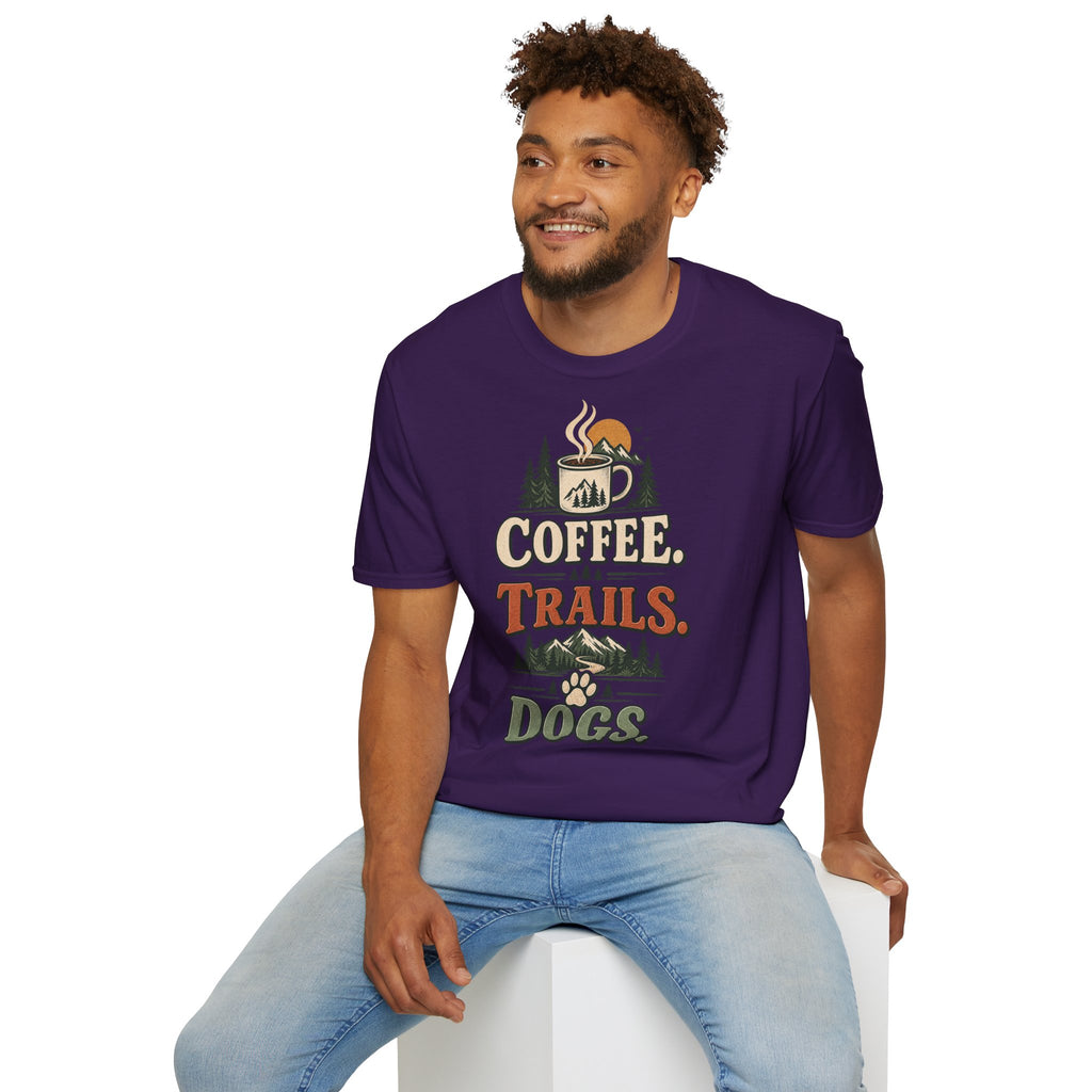 Coffee. Trails. Dogs. T-Shirt — Outdoor Coffee & Hiking Dog Tee