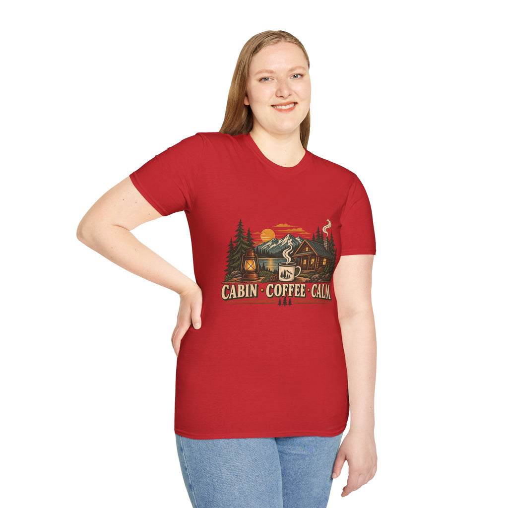 Cabin Coffee Calm T‑Shirt — Rustic Cabin Coffee Nature Tee