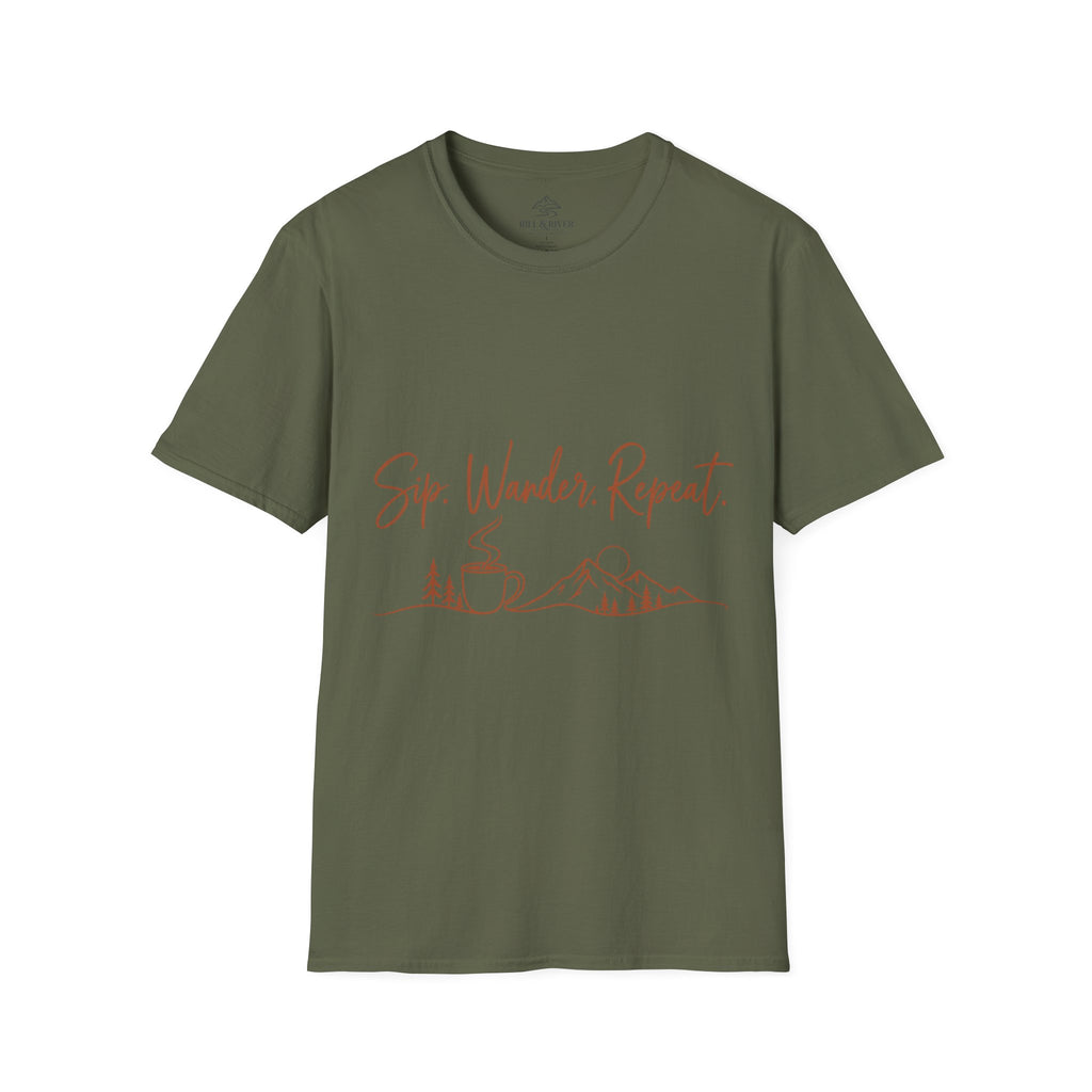 Sip, Wander, Repeat T-Shirt — Scenic Coffee & Mountain Travel Tee
