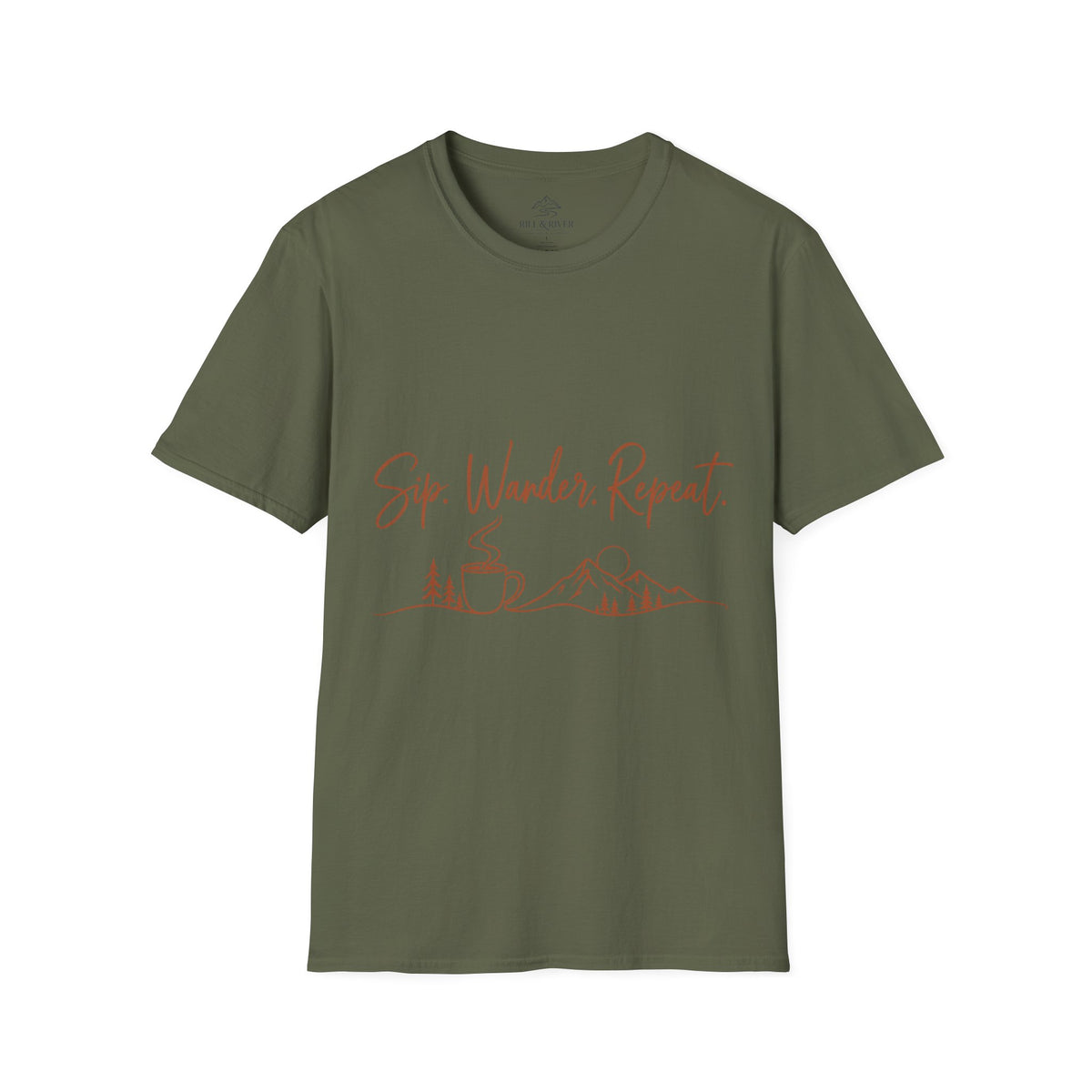Sip, Wander, Repeat T-Shirt — Scenic Coffee & Mountain Travel Tee