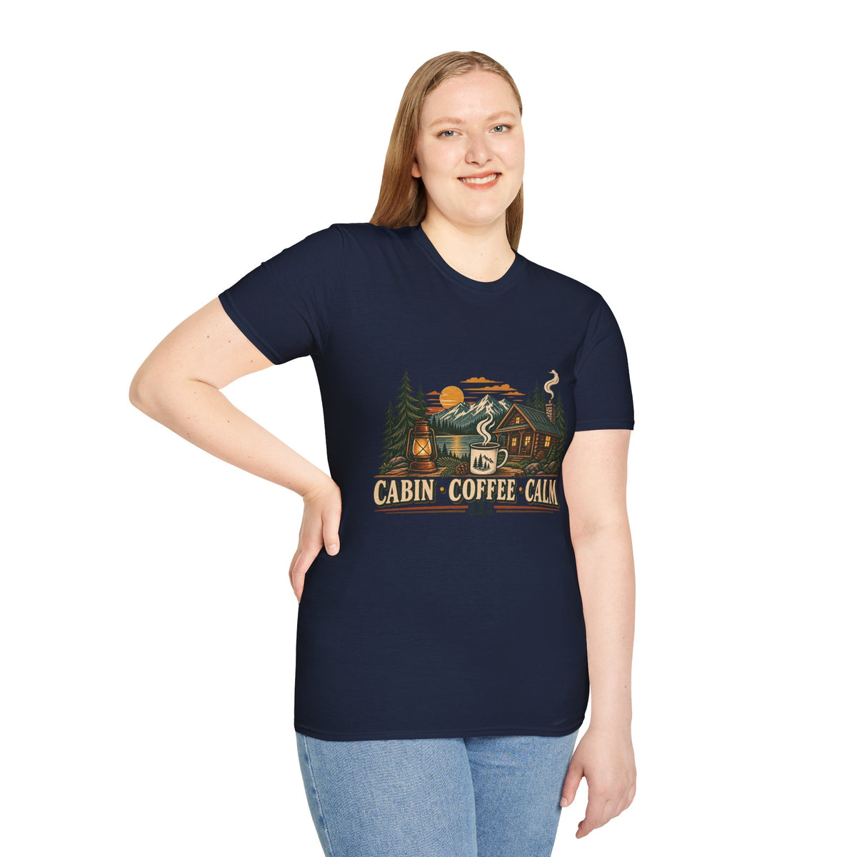 Cabin • Coffee • Calm T-Shirt — Rustic Cabin Coffee Graphic Tee