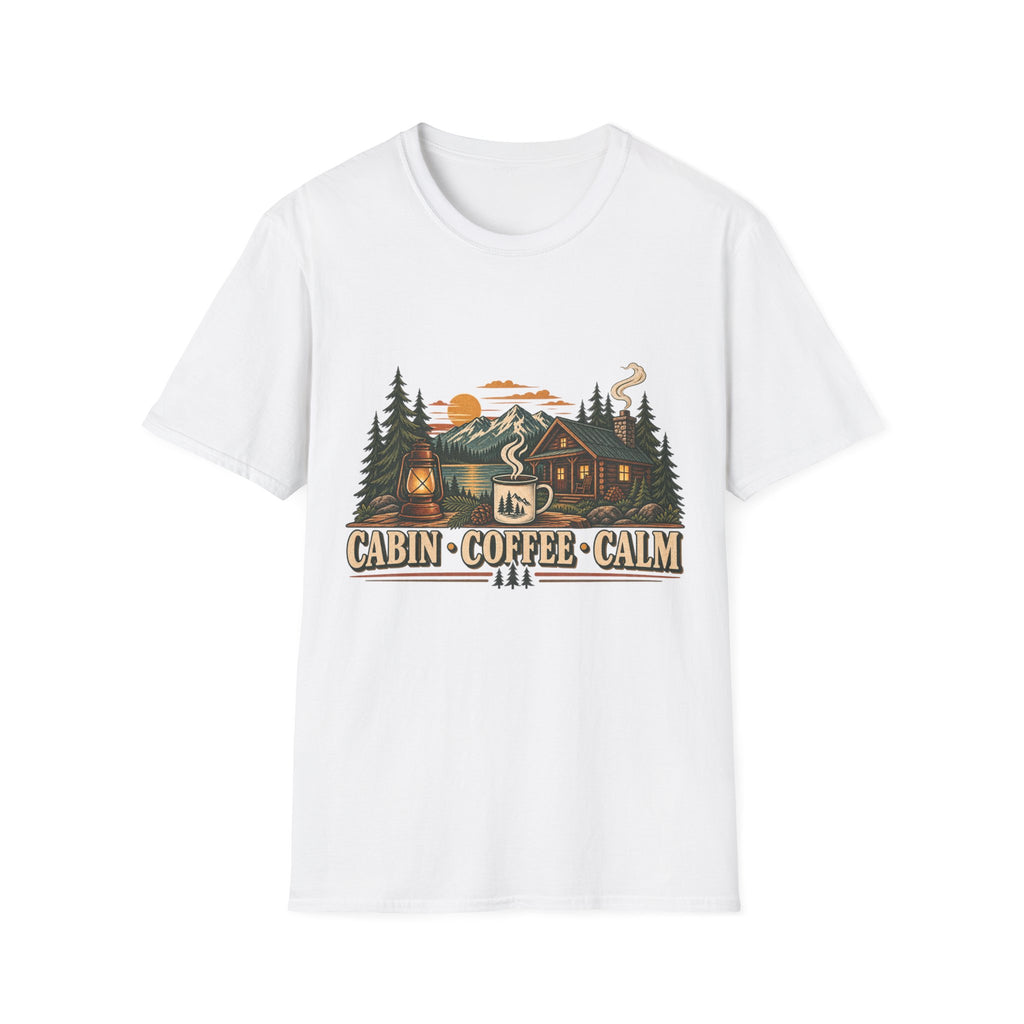 Cabin • Coffee • Calm T-Shirt — Rustic Cabin Coffee Graphic Tee