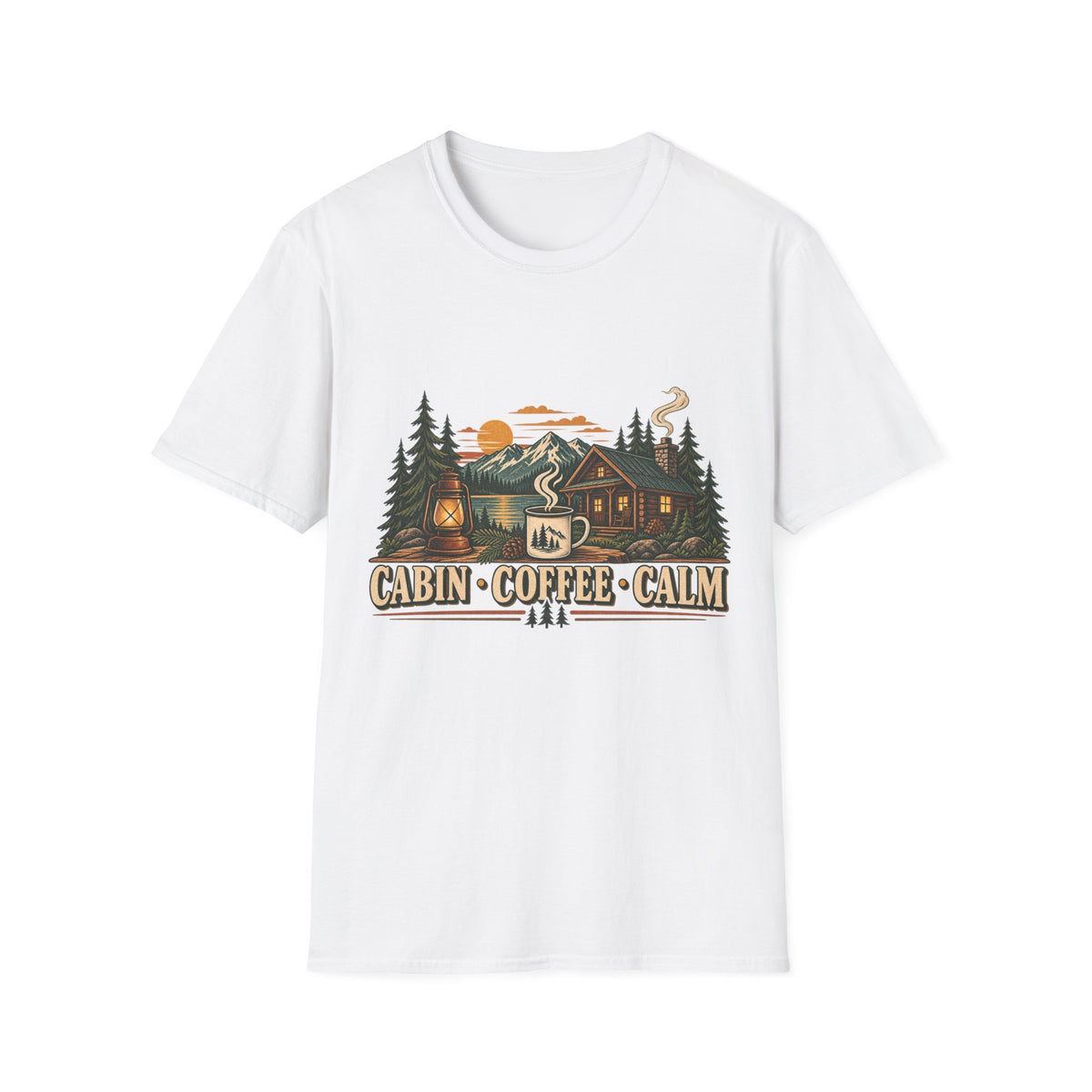 Cabin • Coffee • Calm T-Shirt — Rustic Cabin Coffee Graphic Tee