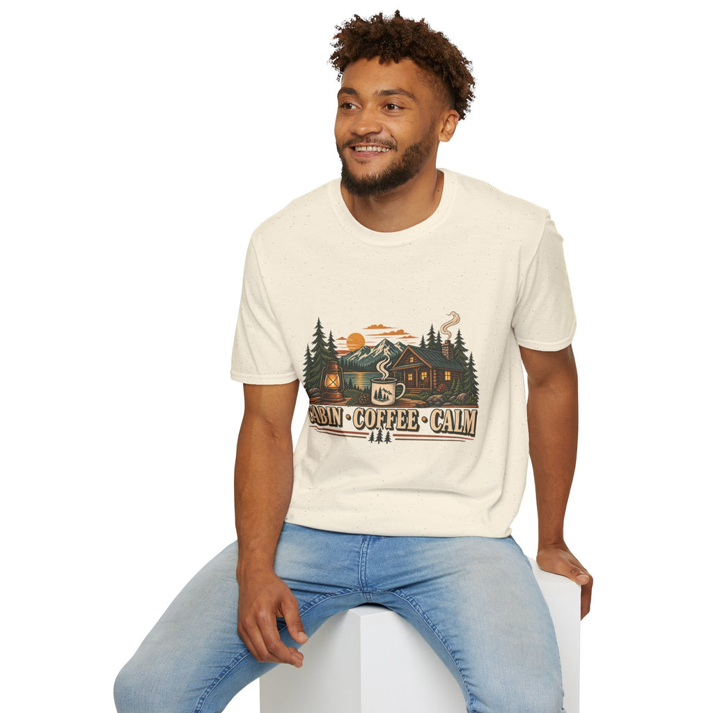Cabin • Coffee • Calm T-Shirt — Rustic Cabin Coffee Graphic Tee
