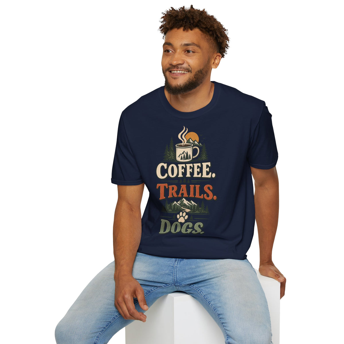 Coffee. Trails. Dogs. T-Shirt — Outdoor Coffee & Hiking Dog Tee