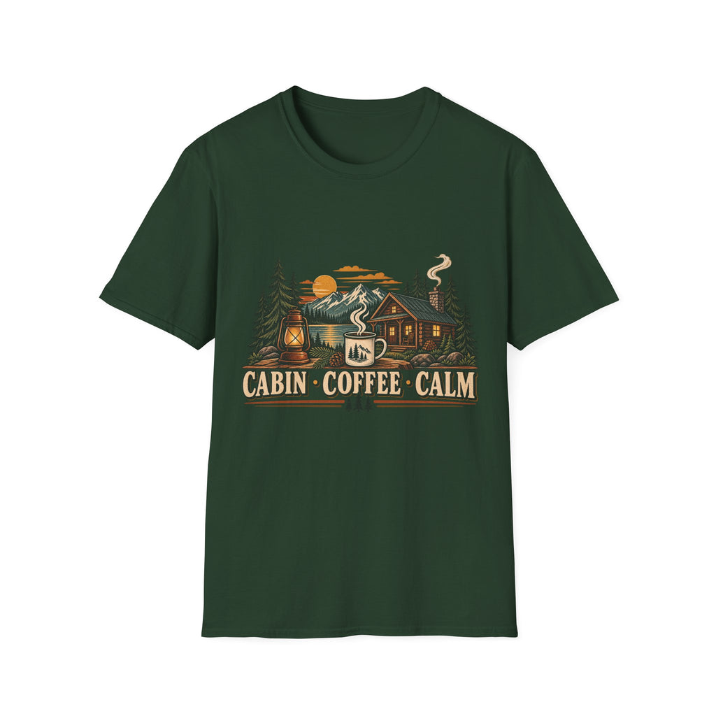 Cabin • Coffee • Calm T-Shirt — Rustic Cabin Coffee Graphic Tee