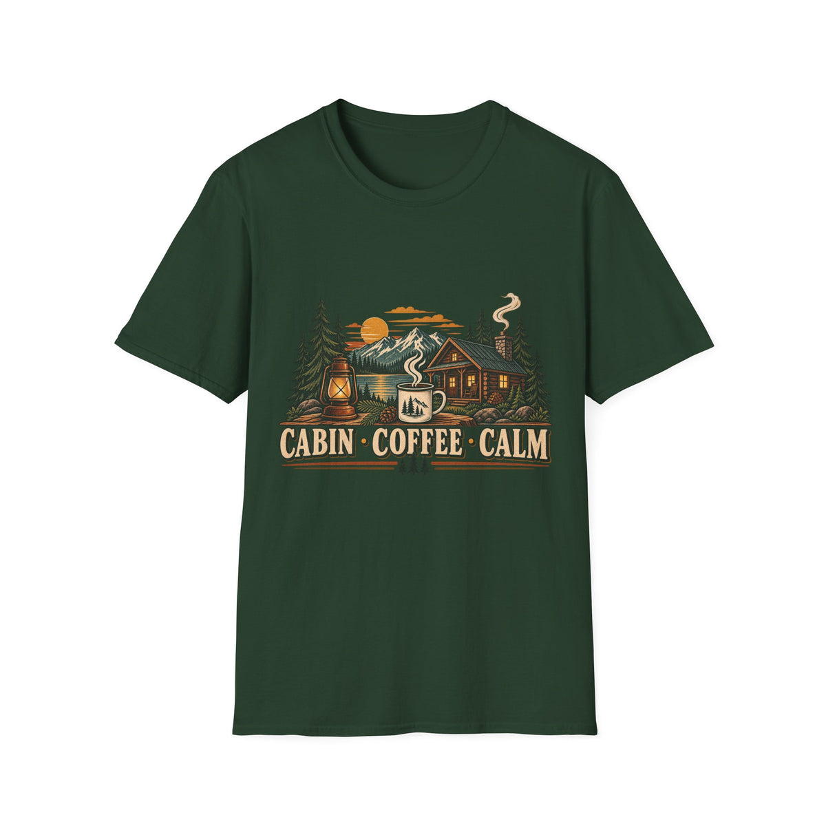 Cabin • Coffee • Calm T-Shirt — Rustic Cabin Coffee Graphic Tee
