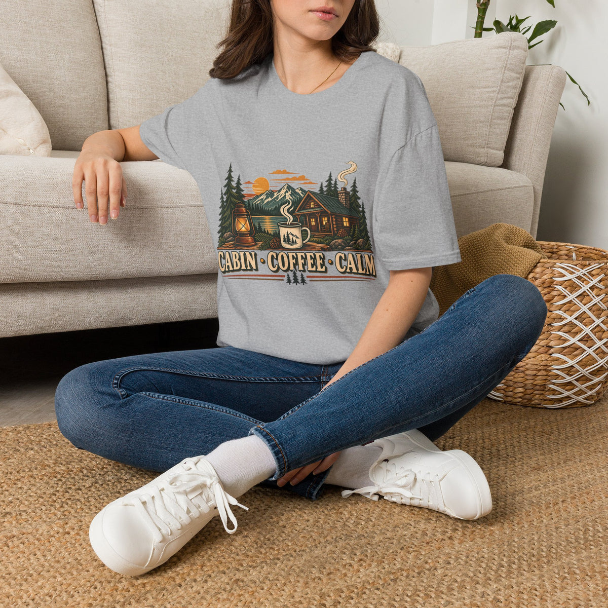 Cabin • Coffee • Calm T-Shirt — Rustic Cabin Coffee Graphic Tee