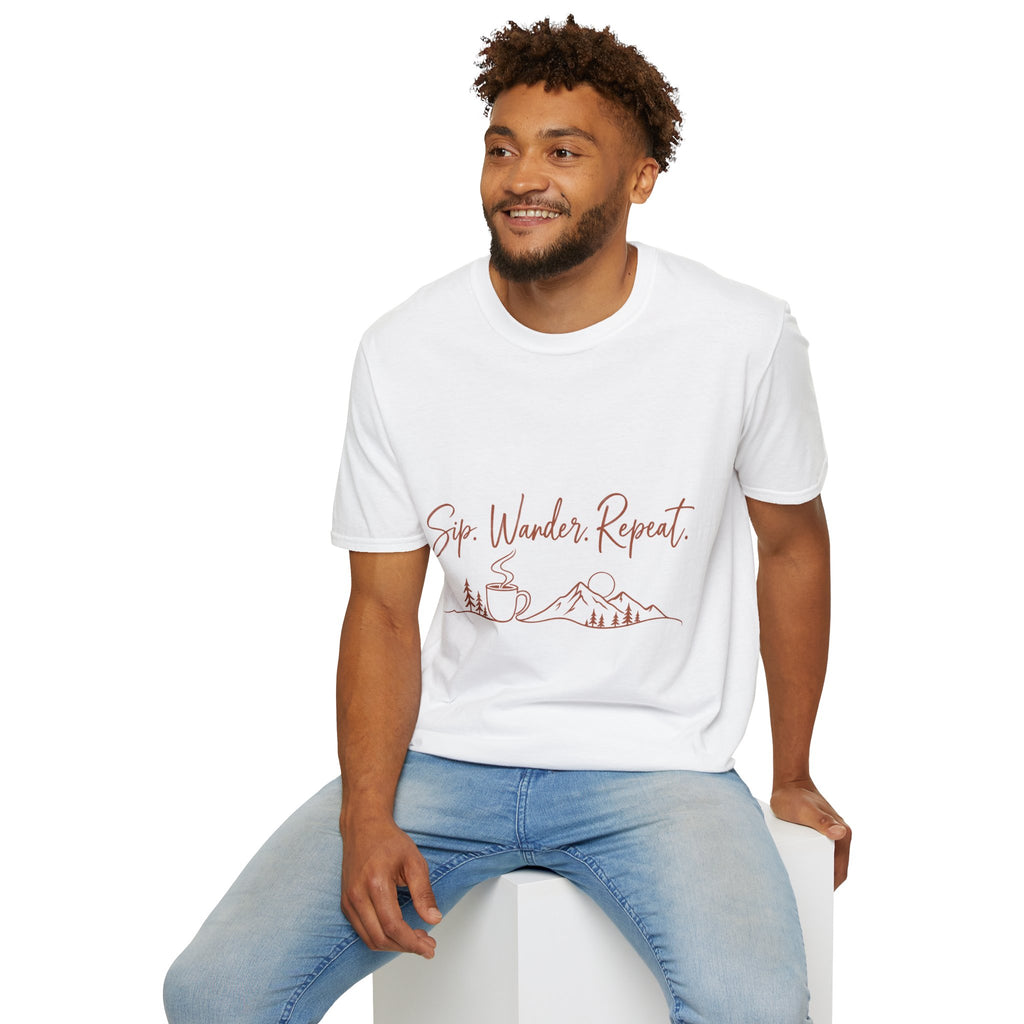 Sip, Wander, Repeat T-Shirt — Scenic Coffee & Mountain Travel Tee
