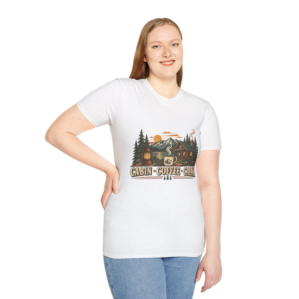 Cabin • Coffee • Calm T-Shirt — Rustic Cabin Coffee Graphic Tee
