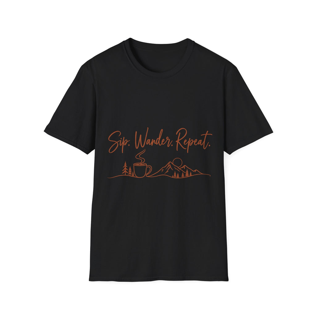 Sip. Wander. Repeat. T-Shirt — Adventure Coffee Graphic Tee