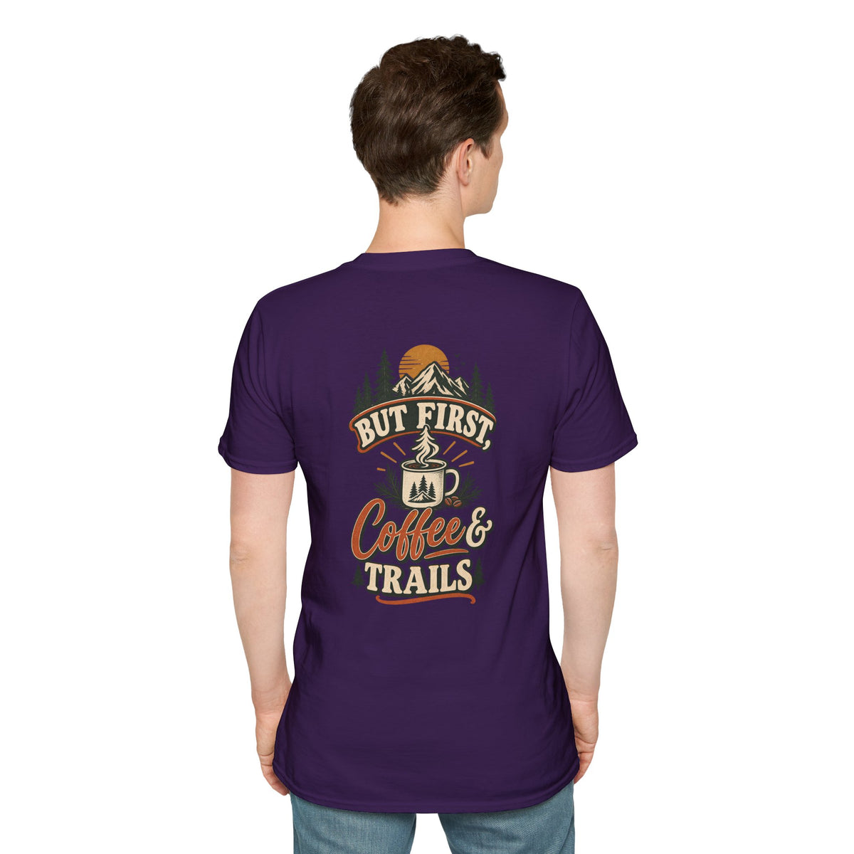 But First Coffee & Trails T-Shirt — Outdoor Coffee Lover Graphic Tee
