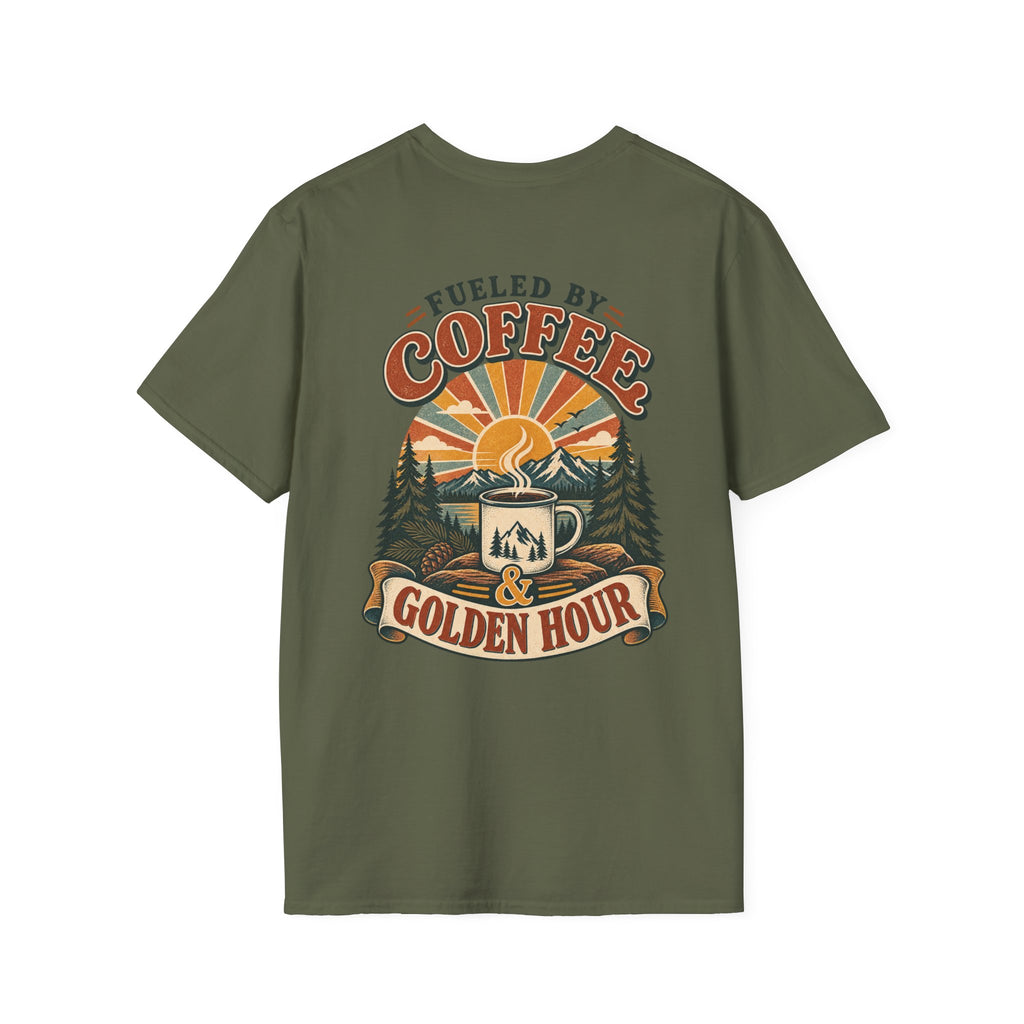 Coffee & Golden Hour T-Shirt — Fueled by Coffee Vintage Outdoor Graphic Tee