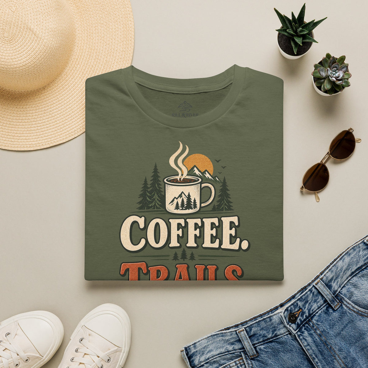 Coffee. Trails. Dogs. T-Shirt — Outdoor Coffee & Hiking Dog Tee