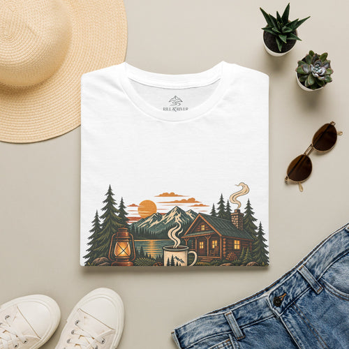 Cabin Coffee Calm T‑Shirt — Rustic Cabin Coffee Nature Tee