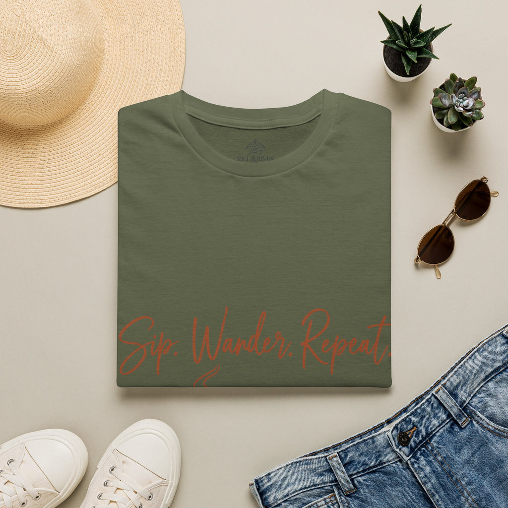 Sip, Wander, Repeat T-Shirt — Scenic Coffee & Mountain Travel Tee