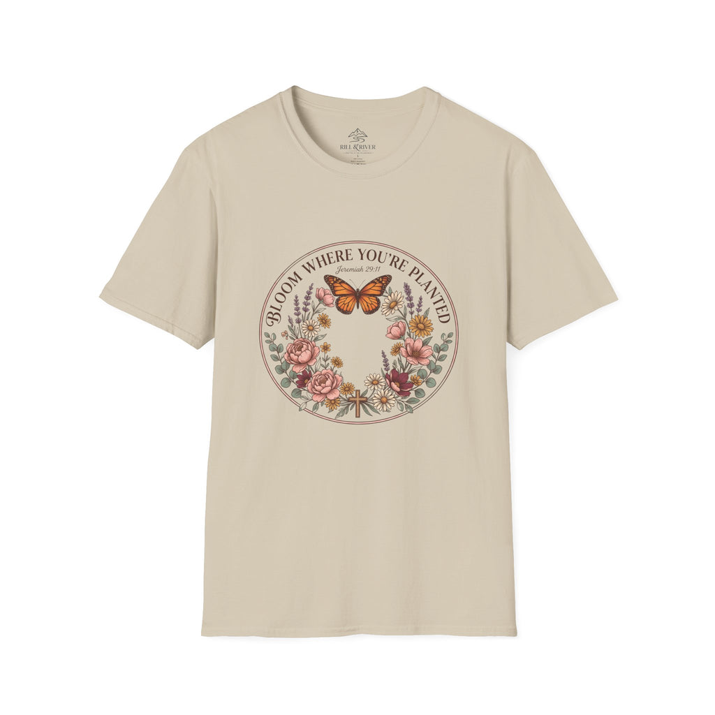 Copy of Bloom Where You’re Planted T-Shirt — Floral Butterfly Inspirational Tee