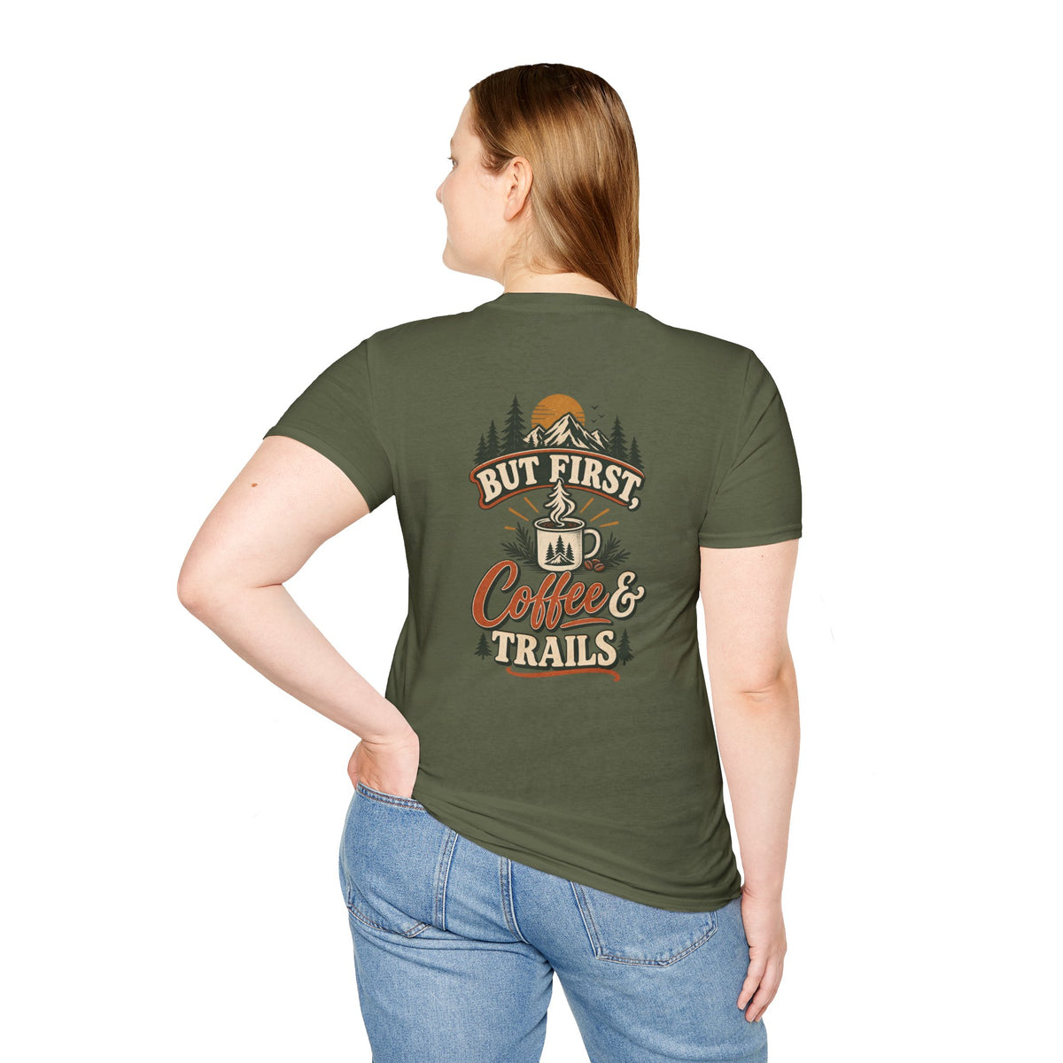 But First Coffee & Trails T-Shirt — Outdoor Coffee Lover Graphic Tee