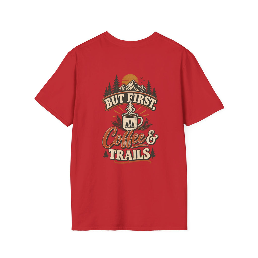 But First Coffee & Trails T-Shirt — Outdoor Coffee Lover Graphic Tee